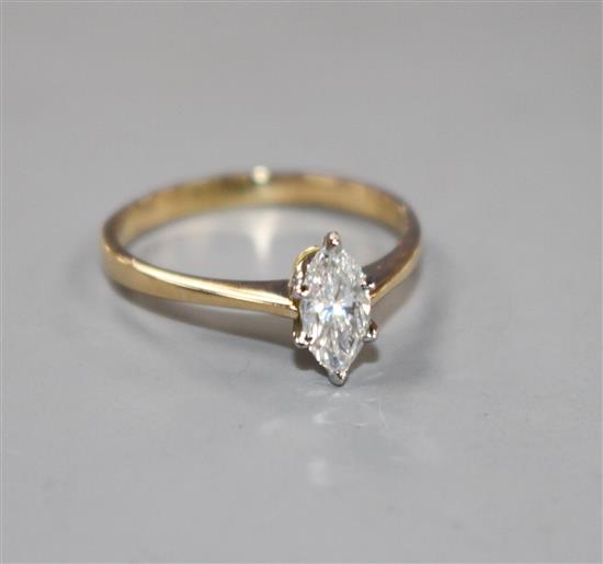 A 20th century Italian 18k yellow metal and marquise set solitaire diamond ring, size K, gross weight 1.8 grams.